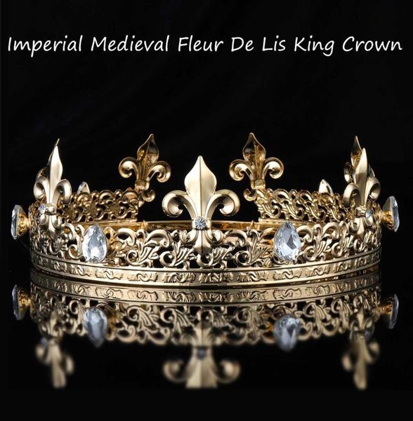 

men039s imperial medieval gold king full round crown tiara crystal rhinestone adjustable fleur de lis decor diadem party costum9785789, Slivery;golden