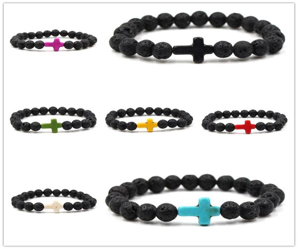 

natural black lava stone turquoise cross charm bracelet vaolcano stone aromatherapy essential oil diffuser bracelet for women yoga7419815, Golden;silver