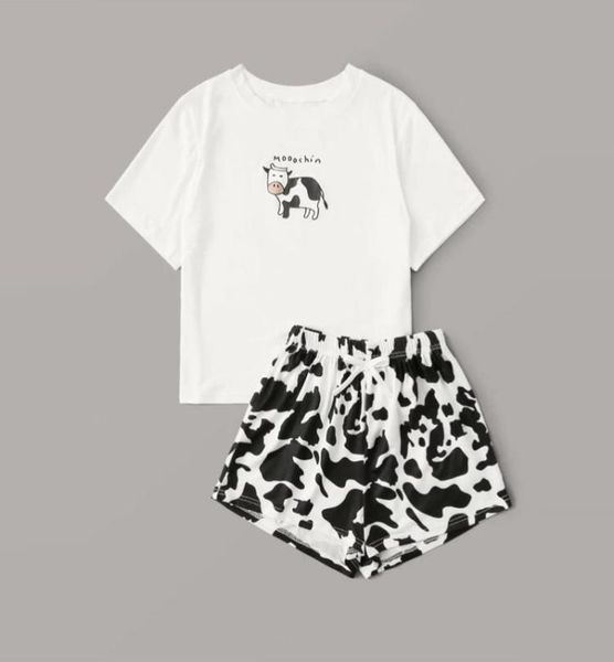 

2020 cow printed pajamas for women nightie cotton home clothes pijama set femme pyjama short sleeve tshirt shorts y2007089396293, Black;red