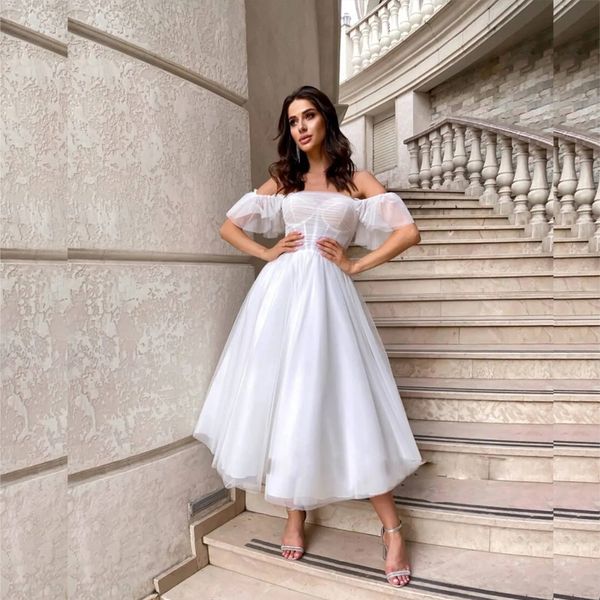 

petite tea length short beach wedding dress off shoulder strapless country wedding bridal gowns for girls, White