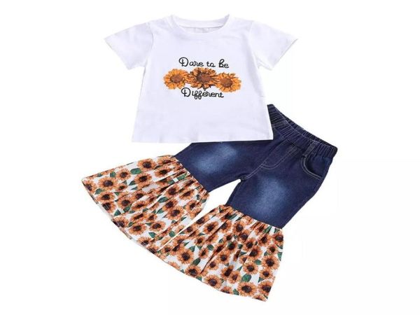 

retail/wholesale girl printed tracksuit clothing sets 2pcs set short sleeved flared pants girls outfits children designers clothes kids bout, White