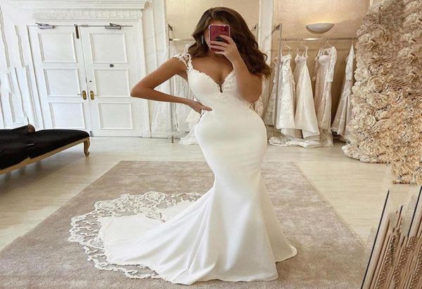 

mermaid wedding dresses v neck satin appliqued lace bridal gown vestido de novie train wedding gowns plus size7348228, White