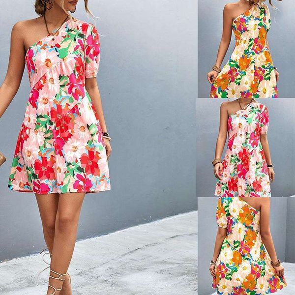 

summer womens clothes floral print diagonal collar high waist sweet short dress, Black;gray