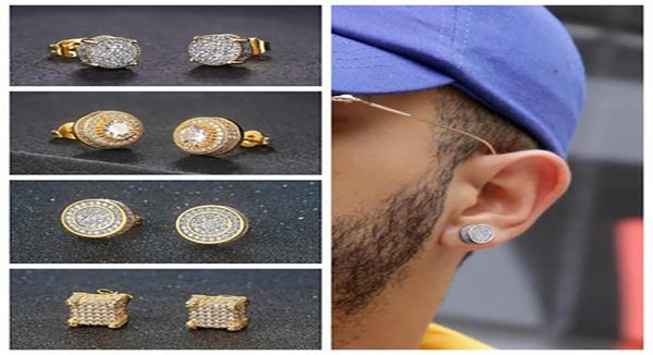 

mens hip hop iced out bling cz stud earrings geometric square round gold color micro pave cubic zircon studs earring for men women7335545, Golden;silver