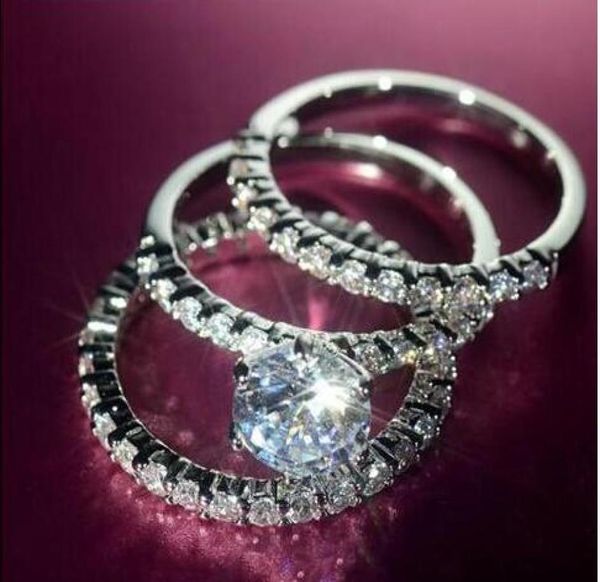 

whole women clear zircon 10kt white gold filled 3in1 wedding simulated diamond women band ring set with box6303049, Slivery;golden