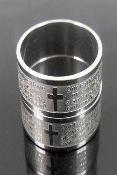 

25pcs etched silver mens english lord039s prayer stainless steel cross rings religious rings men039s gift whole jewelry 2077711