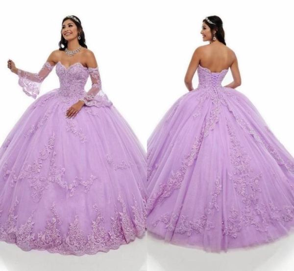 

puffy lilac juliet long sleeve quinceanera dresses 2021 embroidery lace beaded rhinestones layers sweet 16 dress vestidos de prom 7699219, Blue;red
