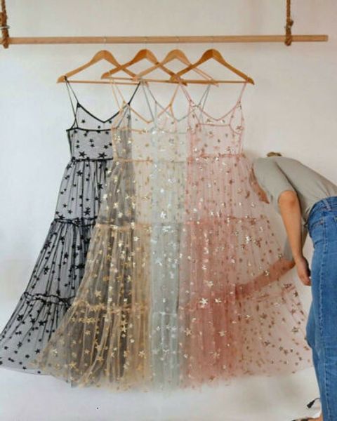 

women's swimwear womens lace mesh spaghetti straps see through cover see through baggy ladies stars beach bling long dress 230713, White;black