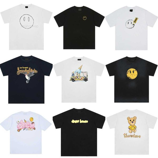 

k0ae drew short basic t shirt for men and women couple tees smiley face printing oversize version star sleeve fashion trendy design t shirt, White;black