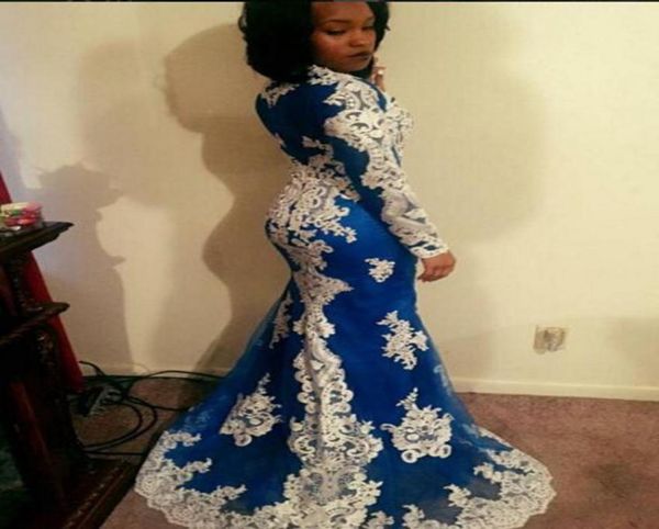 

formal 216 mermaid royal blue evening dresses with white lace appliques sweep train long sleeves arfic dubai prom gowns5453961, Black;red