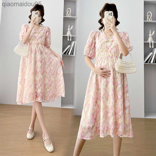 

9682# 2023 summer new korean fashion maternity dress elegant stylish a line slim clothes for pregnant women sweet pregnancy l230712, White