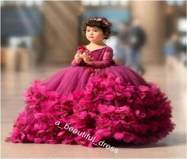 

puffy flower girls dresses 3d flower v neck long sleeve kids teens pageant gowns birthday party dress for wedding cooktail gown fg9304219, White;blue
