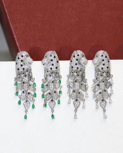 

2022 brand luxury full diamond jewelry womencrystal panthere earring green leopard drop earrings tassels pear panther earring1892731, Silver