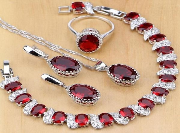 

natural 925 sterling silver jewelry red birthstone charm jewelry sets women earringspendantnecklaceringbracelets t055 j1907076300503