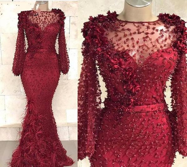 

custom made party dress prom gowns crystals huge robe de soiree mermaid burgundy formal dresses long sleeves feathers prom dr1002957, Black