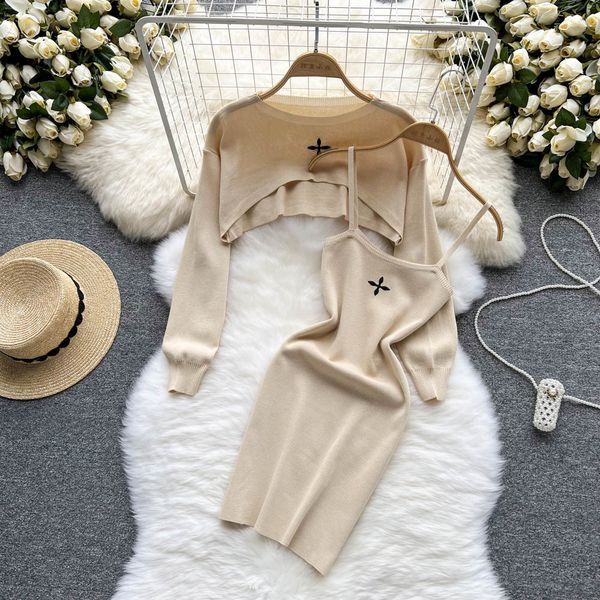 

two piece dress yuoomuoo women set fashion y2k knitted spaghetti strap mini full sleeve crop streetwear suits 230713, White