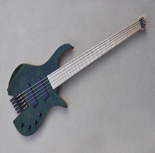 

factory custom headless 5 strings green electric bass guitar maple fingerboard fanned fret neck ash body offer customized6995802