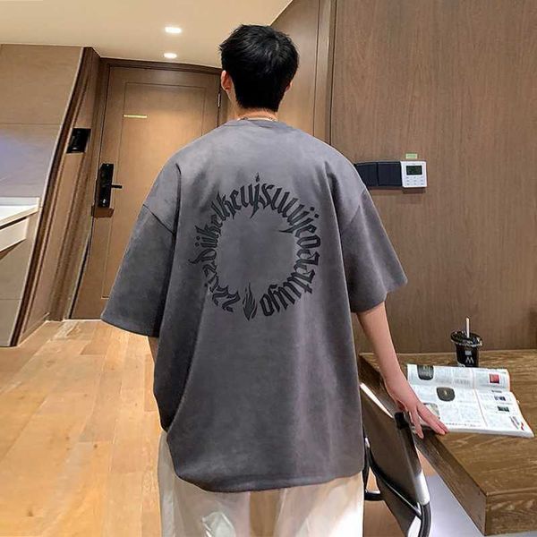 

2023 summer new suede china-chic american short sleeve t-shirt men's fashion loose ins couple costume r, White;black