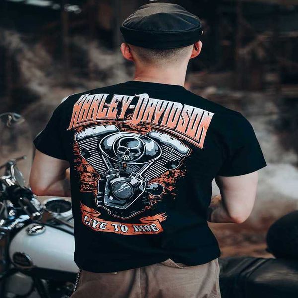 

designerchaopai ins skull t-shirt men's heavy machine metal wind harley tough guy motorcycle pure cotton heavy duty short sleeve loose, White;black