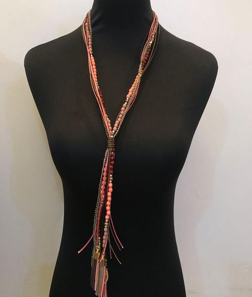 

kpop fashion rope tassel leather multilayer strands sautoir long necklace women accessories collier femmehalskettehandmade rainb3573910, Black