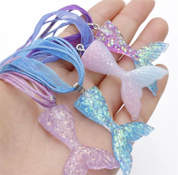 

fashion mermaid fish tail necklace beauty gardient color resin fish tail pendant ribbon wax rope necklace for girls women gif3279179, Silver