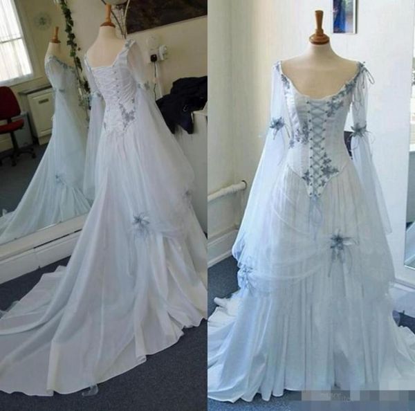 

vintage celtic wedding dresses a line long juliet sleeves lace up back hand made flowers scoop neck custom made sweep train weddin1407201, White