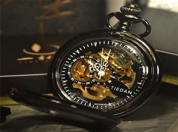 

tiedan retro vintage antique black sport style classic chain fashion steampunk skeleton mechanical pocket watch men necklace t20054044807, Slivery;golden