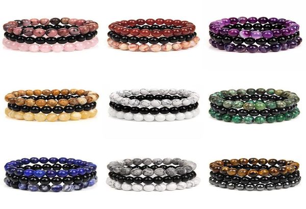 

beaded strands 3pcsset natural stone bracelets for women men fashion 8mm beads bracelet sets rose quartzs amethysts sodalite hem6768990, Black