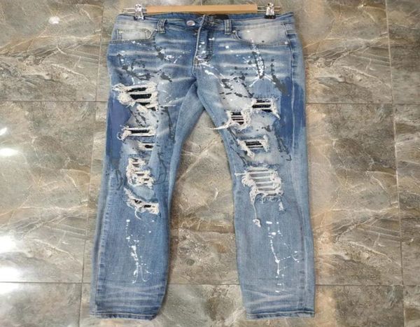

new design winter mens jeans designer spray paint spliced ripped high street destroyed denim jeans us size w28w407266005, Blue
