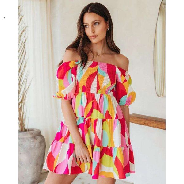 

off neck pullover geometric pattern sweet lady loose short sleeve dress, Black;gray