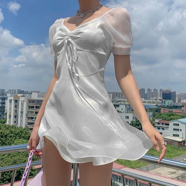 

summer style sweet silk puff sleeve suspender skirt high waist fairy dress, Black;gray