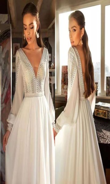 

boho dresses wedding dress long sleeve bride dress lace flowing chiffon a line bridal gown vestido de noiva5245203, White