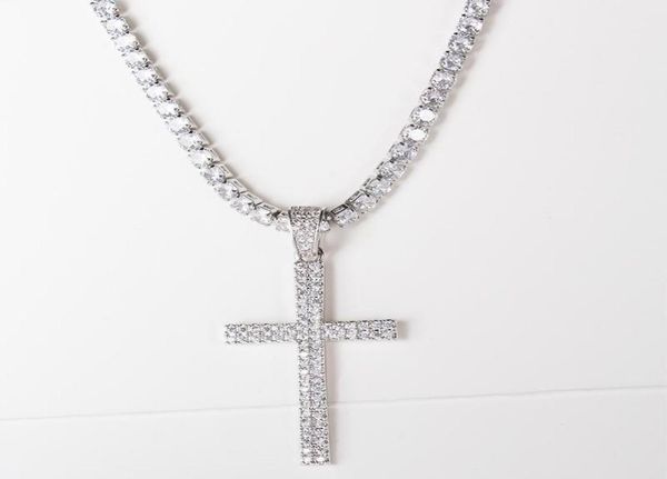 

chains hip hop micro pave zircon cross pendant crystal custom size tennis chain necklace out men039s jewelry11239618, Silver