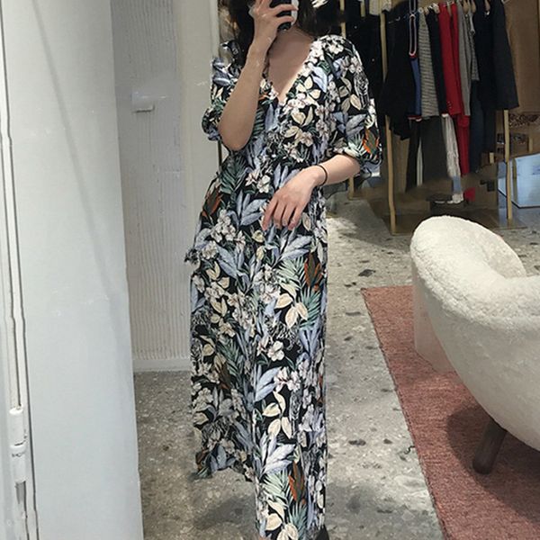 

ma/j 2023 new french pastoral style printed bubble sleeves v-neck simple style women's dress, Black;gray