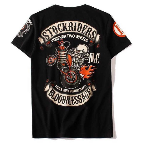 

casual t-shirt european and american trendy brand skull head youth trend short sleeved large motorcycle print personalized versatile t-shirt, White;black