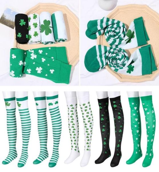 

women socks cosply white green over knee irish festival st patricks day clover stockings9493975, Black;white