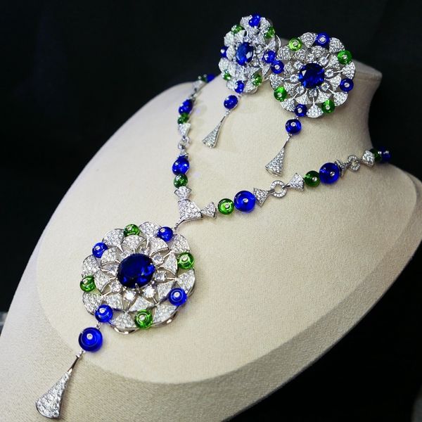 

pendant necklaces brazilian luxury greenblue zirconia stone geometric flower earrings long chain necklaces jewelry sets women real gold plat, Silver