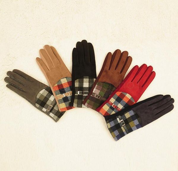 

6styles plaid suede gloves women cycling mittens winter autumn check warmer outdoor drive warm mittens grid finger gloves 2pcslot4670434, Black