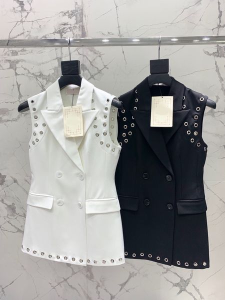 

new fashion 2023 double breasted solid sleeveless turn down collar dress womens metal hollow out elegant dresses office lady high quality, Black;gray
