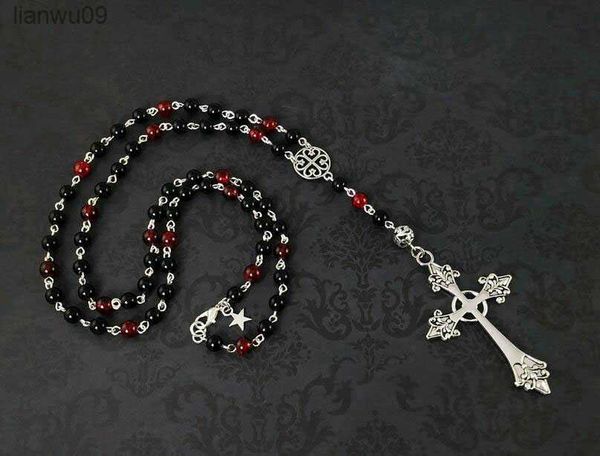 

red black gothic rosary necklace long gothic cross necklace beaded romantic goth necklace l230704, Silver