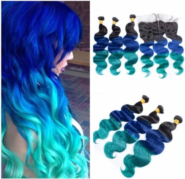 

dark root 1b blue green ombre 13x4 lace frontal closure with weaves body wave virgin peruvian three tone ombre human hair bundles 9306897, Black