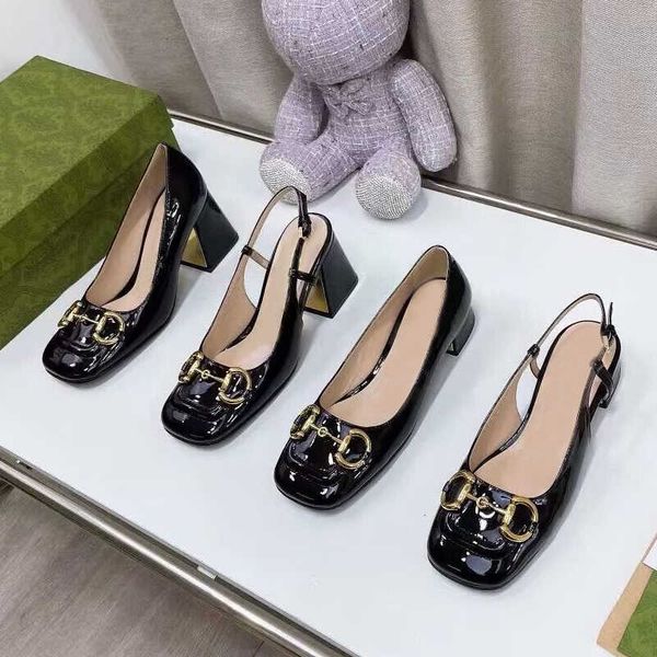 

women dress shoes spring coarser''guccis''heel high heels 100% leather metal buckle lady designer heeled boat shoe large, Black