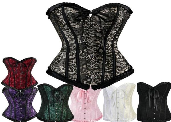 

women plus size s6xl burlesque jacquard overbust corset fashion classic laceup bustier dancing corset with pleated ruffle tr7654840, Black;white
