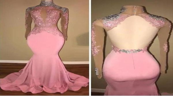 

high neck pink prom dresses mermaid open back satin long party dress evening wear lace applique sequined graduation gowns5544312, Black