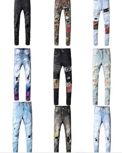 

whole classic hip hop pants jeans pants mens slim straight biker skinny loophole jeans mens ripped jeans4500310, Blue