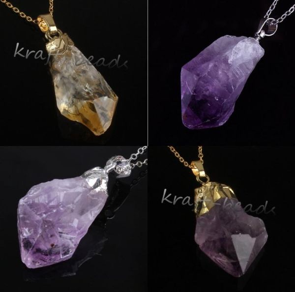 

whole 10pcs charms silvergold plated natural amethyst yellow quartz crystal gemstone random shape pendant necklace jewelry8696815, Silver