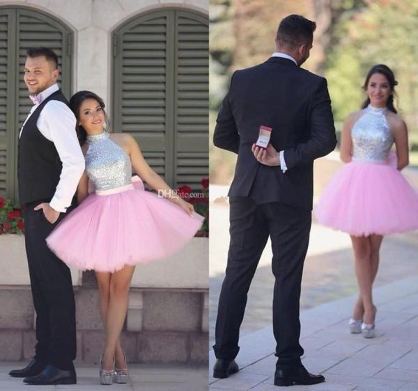 

lovely pink short homecoming dresses high neck halter sequins silver puffy skirt cocktail party dresses sparkly arabic indian prom5948937, Blue;pink
