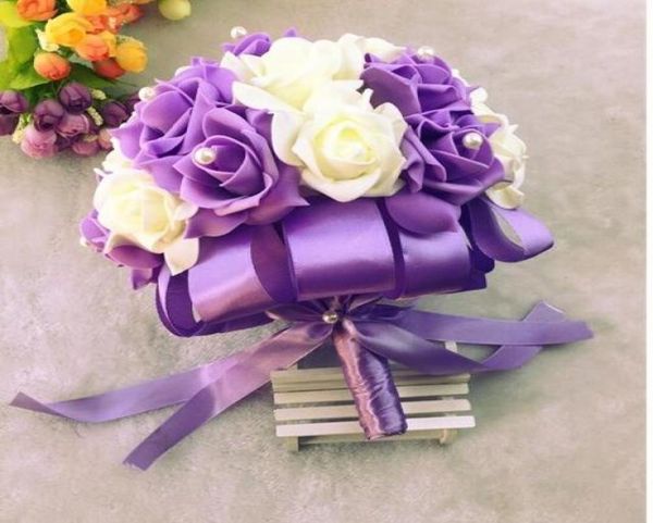 

purple pink red bridal wedding bouquet colorful wedding decoration artificial bridesmaid flower pearls beads bride holding flowers8009195
