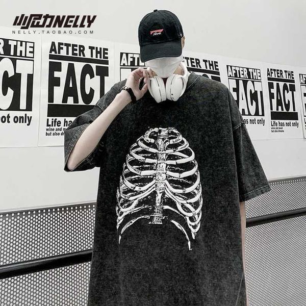 

luxury hiphop street pure cotton short sleeved t-shirt for men's ins trendy design, skull printed couple loose top, White;black