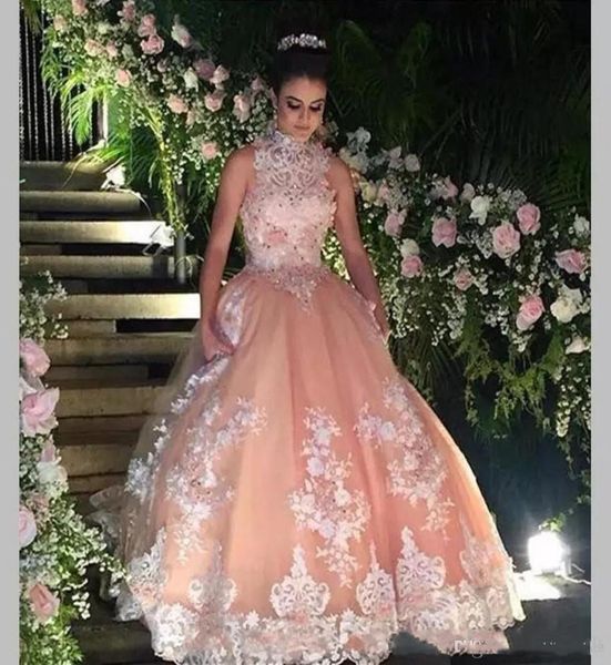 

2018 latest high neck quinceanera dresses ball gown appliques beaded prom dresses for birthday party dresses evening gown9266191, Blue;red